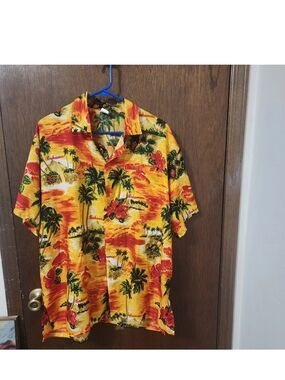 Rina Yellow and Red Tropical Bahama Camp Shirt with Green Palm Print
